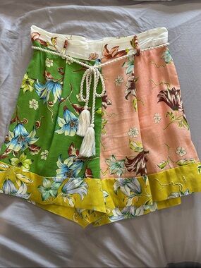 Magaschoni Floral Linen Colorblock High-Waist Shorts in Green, Pink & Yellow